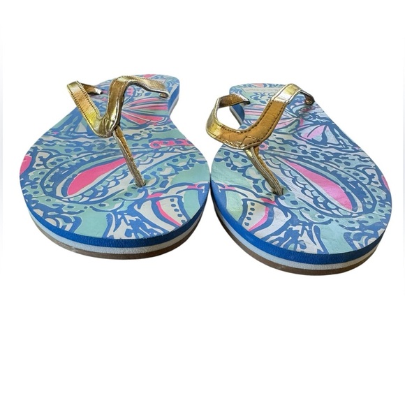 Lilly Pulitzer x Target Flip-Flops Size 10 Gold Strap Bold Print - Picture 3 of 5